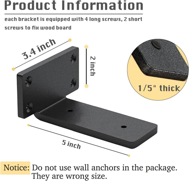 WINKER 4 Pack Shelf Brackets 5 Inch Floating Shelf Bracket 1/5 inch Thick Heavy Duty Hidden Shelf Brackets Iron Metal Brackets for Shelf Support with Screw Included - Image 2